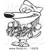 Vector of a Cartoon Dog Wearing a Christmas Wreath - Coloring Page Outline by Toonaday
