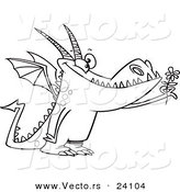 Vector of a Cartoon Dragon Holding a Flower - Coloring Page Outline by Toonaday