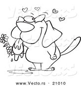 Vector of a Cartoon Drooling Dog Holding a Flower - Coloring Page Outline by Toonaday
