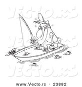 Vector of a Cartoon Drunk Man Fishing in a Sinking Boat - Coloring Page Outline by Toonaday