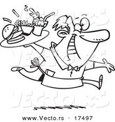 Vector of a Cartoon Energetic Waiter Serving Fast Food - Coloring Page Outline by Toonaday