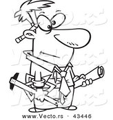 Vector of a Cartoon Engineer Carrying Blueprints and Tools - Coloring Page Outline by Toonaday