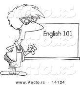 Vector of a Cartoon English 101 Teacher Standing by a Chalk Board - Coloring Page Outline by Toonaday
