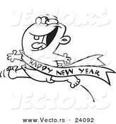 Vector of a Cartoon Excited Baby Running with a Happy New Year Sash - Coloring Page Outline by Toonaday