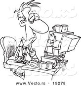 Vector of a Cartoon Exhausted Man Working on a Computer - Outlined Coloring Page by Toonaday