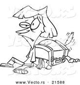 Vector of a Cartoon Exhausted Woman by Her Packed Suitcase - Outlined Coloring Page by Toonaday