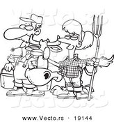 Vector of a Cartoon Farmer Couple with a Cow - Outlined Coloring Page by Toonaday
