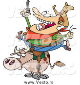 Vector of a Cartoon Fat Cowboy Holding a Pistol on a Bull by Toonaday