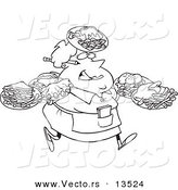 Vector of a Cartoon Fat Female Waitress Carrying Many Plates - Coloring Page Outline by Toonaday