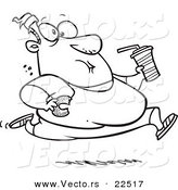 Vector of a Cartoon Fat Man Running and Eating Junk Food - Coloring Page Outline by Toonaday