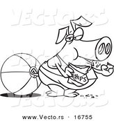 Vector of a Cartoon Fat Pig Eating Chips on a Beach - Coloring Page Outline by Toonaday