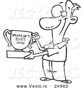 Vector of a Cartoon Father Proudly Holding a Worlds Best Dad Trophy Cup - Outlined Coloring Page by Toonaday