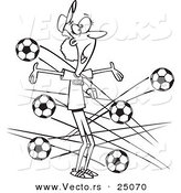 Vector of a Cartoon Female Soccer Coach with Balls Flying at Her - Outlined Coloring Page by Toonaday