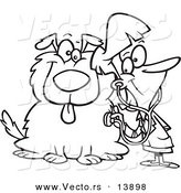 Vector of a Cartoon Female Vet Using a Stethoscope on a Dog - Coloring Page Outline by Toonaday