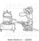 Vector of a Cartoon Fireman Extinguishing a Birthday Cake - Coloring Page Outline by Toonaday