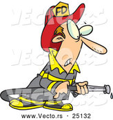 Vector of a Cartoon Fireman Trying to Get His Firehose to Work by Toonaday