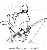 Vector of a Cartoon Fish Fishing from a Boat - Outlined Coloring Page by Toonaday