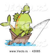 Vector of a Cartoon Fish Fishing in a Wooden Boat by Toonaday