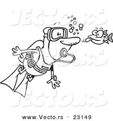 Vector of a Cartoon Fish Sticking His Tongue out at a Scuba Diver - Coloring Page Outline by Toonaday