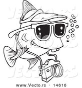 Vector of a Cartoon Fish Tourist Swimming with a Camera - Coloring Page Outline by Toonaday