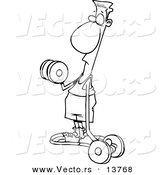 Vector of a Cartoon Flimsy Armed Man Lifting Weights - Coloring Page Outline by Toonaday