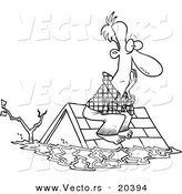 Vector of a Cartoon Flood Survivor Sittin on His Roof - Coloring Page Outline by Toonaday
