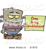 Vector of a Cartoon Frankenstein Boy Holding a "Come to My Spooktacular" Party Halloween Sign by Toonaday