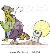 Vector of a Cartoon Frankenstein Walking Away from a Grave Stone with Moon in Background by Toonaday