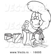 Vector of a Cartoon Friendly Cashier Bagging Groceries - Outlined Coloring Page Drawing by Toonaday