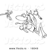Vector of a Cartoon Frog Chasing a Bug with a Fork and Knife - Outlined Coloring Page Drawing by Toonaday