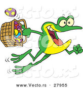 Vector of a Cartoon Frog Jumping with a Basket Full of Easter Eggs by Toonaday