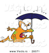 Vector of a Cartoon Frog Running Through Rain Under an Umbrella by Toonaday