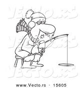 Vector of a Cartoon Frozen Man Ice Fishing - Coloring Page Outline by Toonaday