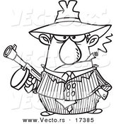 Vector of a Cartoon Gangster Holding a Gun and Smoking a Cigar - Coloring Page Outline by Toonaday