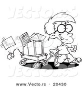 Vector of a Cartoon Geeky Boy Moving His Computer in a Wagon - Coloring Page Outline by Toonaday
