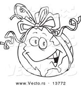 Vector of a Cartoon Gift Globe with a Ribbon - Coloring Page Outline by Toonaday