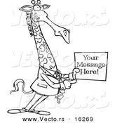 Vector of a Cartoon Giraffe Businessman Holding a Sign with Sample Text - Outlined Coloring Page Drawing by Toonaday