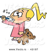 Vector of a Cartoon Girl Brushing Her Teeth While Holding a Teddy Bear by Toonaday