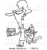 Vector of a Cartoon Girl Carrying a Bad Cat and a Dead Fish in a Bowl - Outlined Coloring Page Drawing by Toonaday