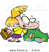 Vector of a Cartoon Girl Finding a Hidden Easter Egg Behind a Bush by Toonaday