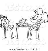 Vector of a Cartoon Girl Having a Tea Party with Her Teddy Bear - Coloring Page Outline by Toonaday