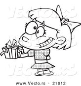 Vector of a Cartoon Girl Holding a Gift at a Party - Outlined Coloring Page by Toonaday