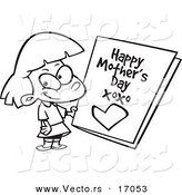Vector of a Cartoon Girl Holding a Mothers Day Card - Coloring Page Outline by Toonaday