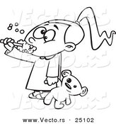 Vector of a Cartoon Girl Holding Her Teddy Bear and Brushing Her Teeth Before Bedtime - Coloring Page Outline by Toonaday