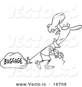 Vector of a Cartoon Girl Pulling Heavy Baggage - Outlined Coloring Page Drawing by Toonaday
