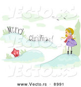 Vector of a Cartoon Girl Shouting out "Merry Christmas' to a House on a Hill by BNP Design Studio