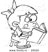 Vector of a Cartoon Girl Trying to Decipher Information in a Book - Outlined Coloring Page by Toonaday