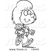 Vector of a Cartoon Girl Walking with Her Doll - Outlined Coloring Page by Toonaday