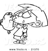 Vector of a Cartoon Girl with Her Hand Stuck in a Piggy Bank - Outlined Coloring Page by Toonaday