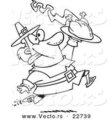 Vector of a Cartoon Goofy Pilgrim Carrying a Hot Turkey - Coloring Page Outline by Toonaday